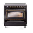Glossy black induction range with oven door open and bronze-trimmed handle; glass window.