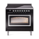 Black oven with chrome handle and lit interior behind triple glass door