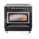Glossy black oven with chrome handle and reflective triple glass door