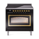 Black induction range with brass control knobs and closed oven door window