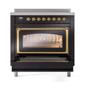 Black induction range with oven door open and brass trim, empty interior