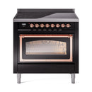 Front view of glossy black induction range with copper-trim oven handle and glass door