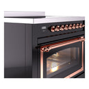 Side view of glossy black induction range with copper knobs and lit glass oven door