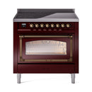 Burgundy induction range with triple glass oven door and bronze-trim oven frame