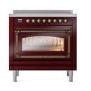 Burgundy induction range front view with illuminated triple glass oven door