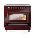 Burgundy induction range with triple glass oven door and bronze-trim control panel