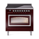 Burgundy induction range with illuminated oven window and chrome-trimmed door