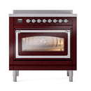 Burgundy induction range with chrome-trimmed oven door and triple-glass window