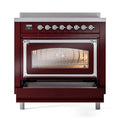 Burgundy induction range with oven door open and triple-glass viewing window