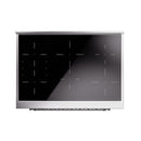 Burgundy induction range storage drawer with dark liner and handle clips