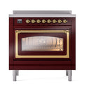 Burgundy induction range with oven window and brass control knobs, front view