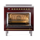 Burgundy induction range with open oven showing racks through glass door