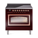 Burgundy induction range with closed oven door window and copper trim, front view