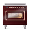 Burgundy induction range with triple glass oven window and copper handle rails, front view