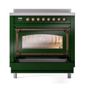 Emerald green induction range with bronze knobs and triple-glass oven door, front view