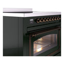 Side view of emerald green induction range with bronze control knobs and open oven door