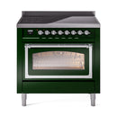 Emerald green induction range with chrome trim and glass oven door, control panel visible