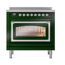 Emerald green induction range with chrome trim, lit oven window and control knobs