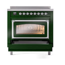 Emerald green induction range with chrome trim, oven window and open storage drawer