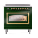 Emerald green induction range front with lit oven cavity and brass-trim controls