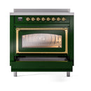 Emerald green induction range with glowing glass oven window and brass handle