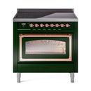 Emerald green induction range with copper-trimmed oven door and burner control knobs