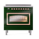 Emerald green induction range with copper-trimmed triple glass oven door and burner controls