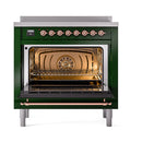 Emerald green induction range with open oven door showing lit interior and oven racks