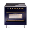 Midnight blue induction range with bronze handle and triple glass oven door