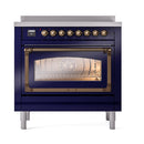 Midnight blue induction range front view with bronze knobs and oven door window