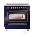 Midnight blue induction range with triple glass oven door and bronze control trim