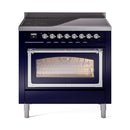 Midnight blue induction range with triple-glass oven door window and chrome trim