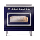 Midnight blue induction range with triple-glass oven door and chrome knobs; interior lit