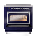 Midnight blue oven with triple-glass door window, chrome handle, and lit interior