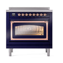 Midnight blue induction range with open triple-glass oven door, copper trim and front controls