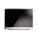 Midnight blue oven base drawer with vented shelf and copper accents, front view