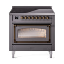 Matte graphite induction range with open triple-glass door and bronze-trim handle