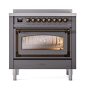 Matte graphite induction range with closed triple-glass oven door and bronze knobs