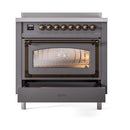 Matte graphite induction range with triple-glass oven door and bronze-trim knobs