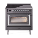 Matte graphite induction range with triple glass oven door and chrome-trim frame
