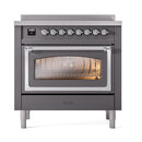 Matte graphite induction range with oven window and chrome-trim control panel