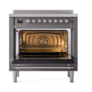 Matte graphite induction range with open oven showing rack and fan