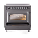 Matte graphite induction range with oven window and pull-out storage drawer