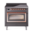 Matte graphite induction range with copper handle, triple glass door, front view
