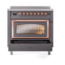 Matte graphite induction range with copper trim, triple glass oven door, front view