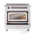 White induction range with bronze-trim oven window door and closed storage drawer