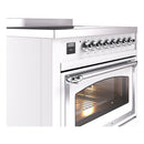 White induction range front control panel with chrome knobs and oven glass door