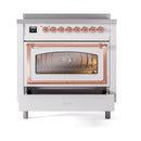 Induction range with oven door closed, copper-trimmed frame, white body