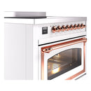 Induction range control panel and oven window with copper rail trim, white exterior
