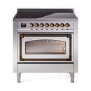 Stainless steel induction range with triple glass oven window and bronze trim, side front